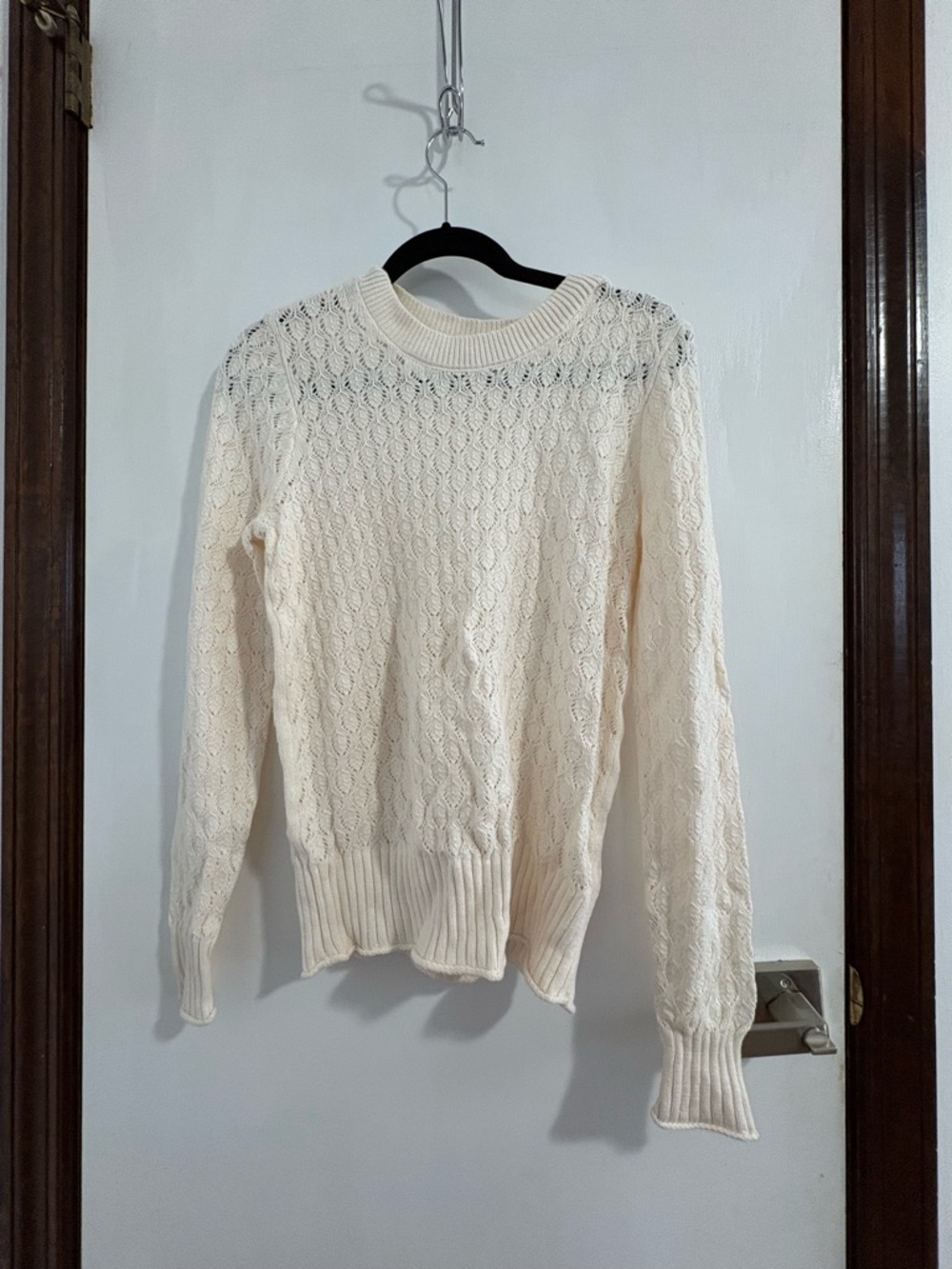 LOFT Cream Cable Knit Crewneck Crochet Sweater Size M